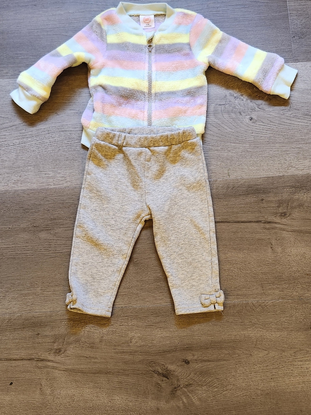 wonder nation Pastel Striped Fuzzy Jacket and Gray Jogger Set